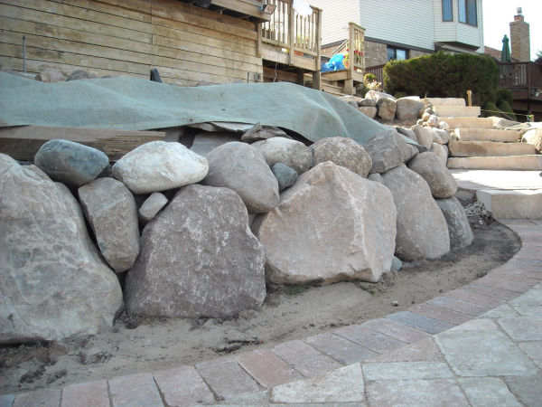 Stone Retaining Wall and Brick Paver Walkway 2 Stone Retaining Wall and Brick Paver Walkway 2