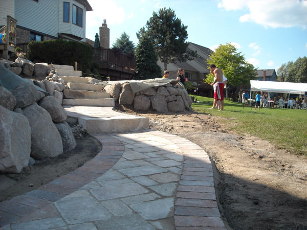 Stone Retaining Wall and Brick Paver Walkway 3 Stone Retaining Wall and Brick Paver Walkway 3